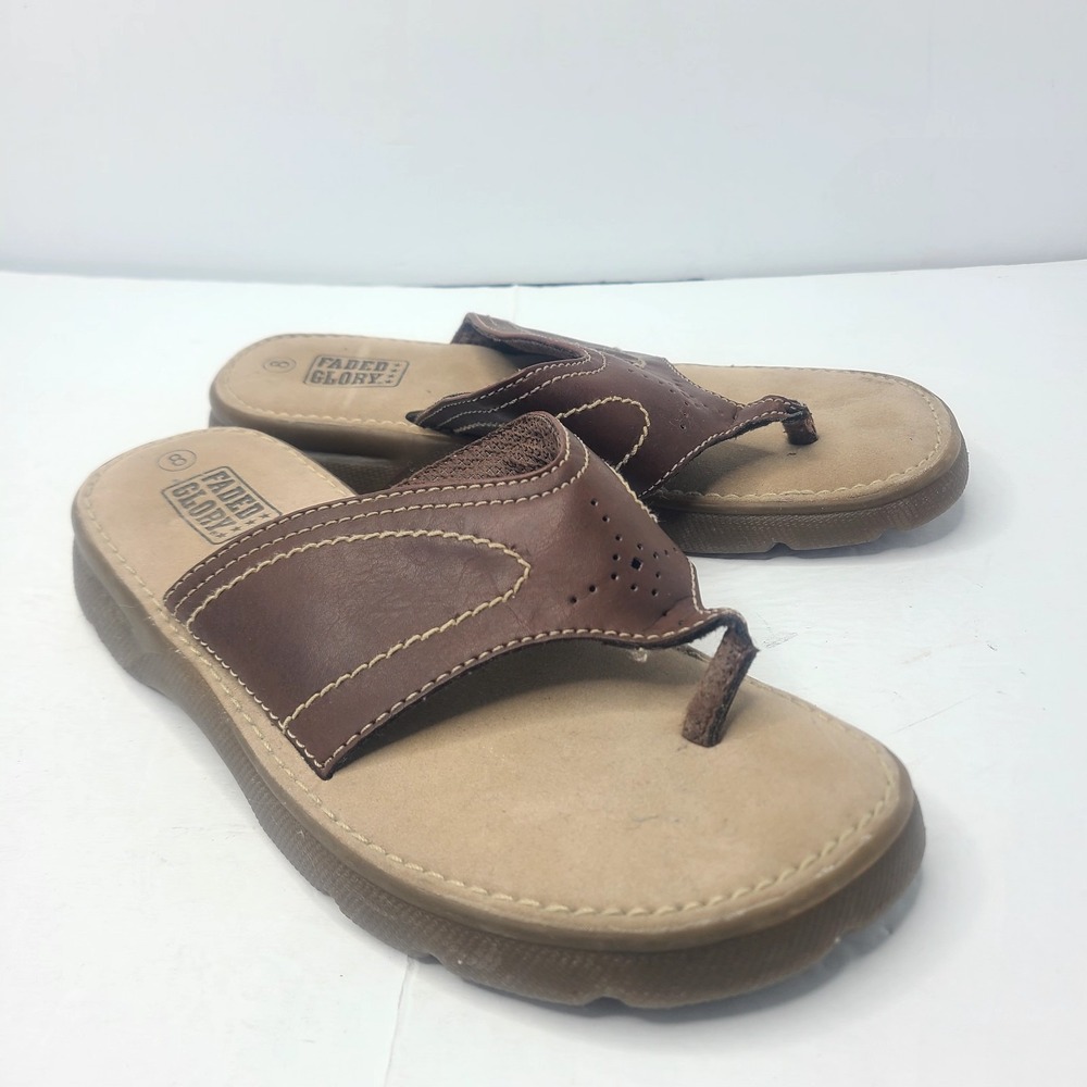Vintage Y2K Faded Glory Womens Brown Leather Thong Sandals Chunky Flip Flops 8